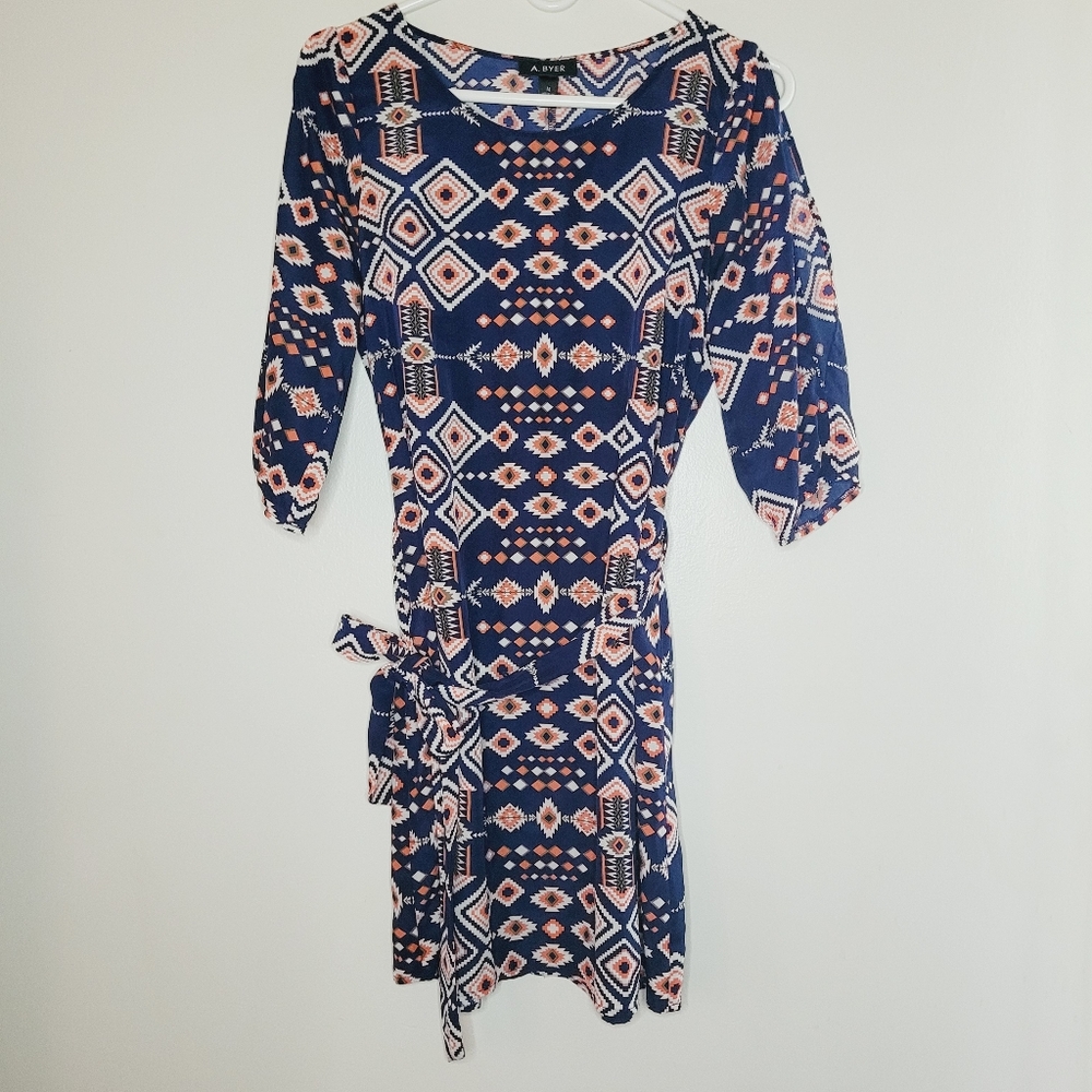 A.Byer Dress Teacher Office Women's Blue Aztec Print Medium 3/4 Sleeve Tie Belt